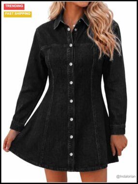Women's Denim Shirt Dress Long Sleeve Button Down A-Line Jean Dress